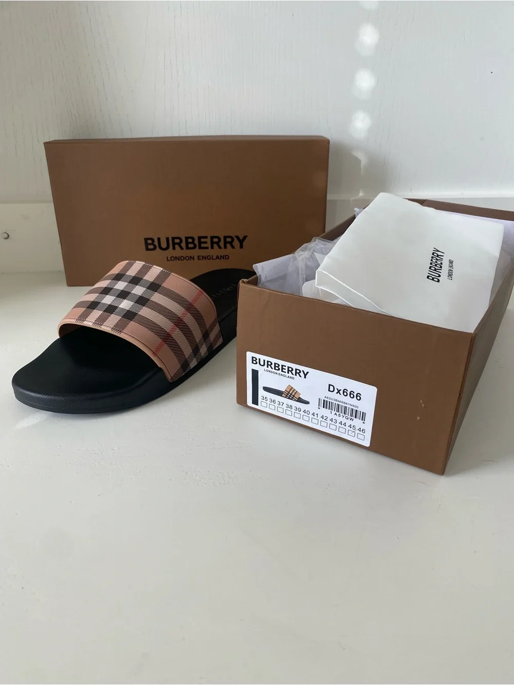Burberry Beige Check Slide Sandals with Black Footbed